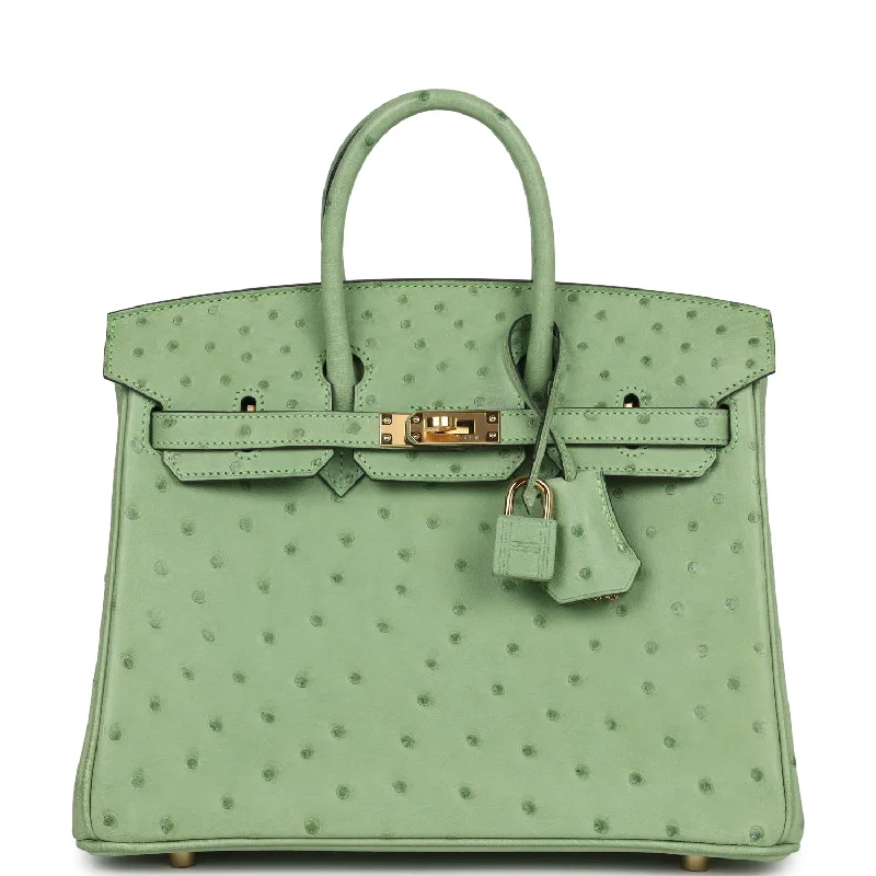 Designer handle bags with luxury logo detailing -Hermes Birkin 25 Vert Criquet Ostrich Gold Hardware