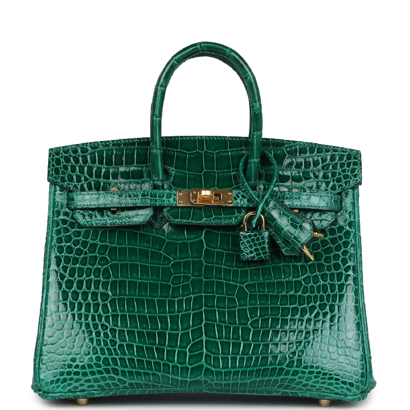 Handle bags with soft fabric for comfort -Hermes Birkin 25 Emerald Shiny Porosus Crocodile Gold Hardware