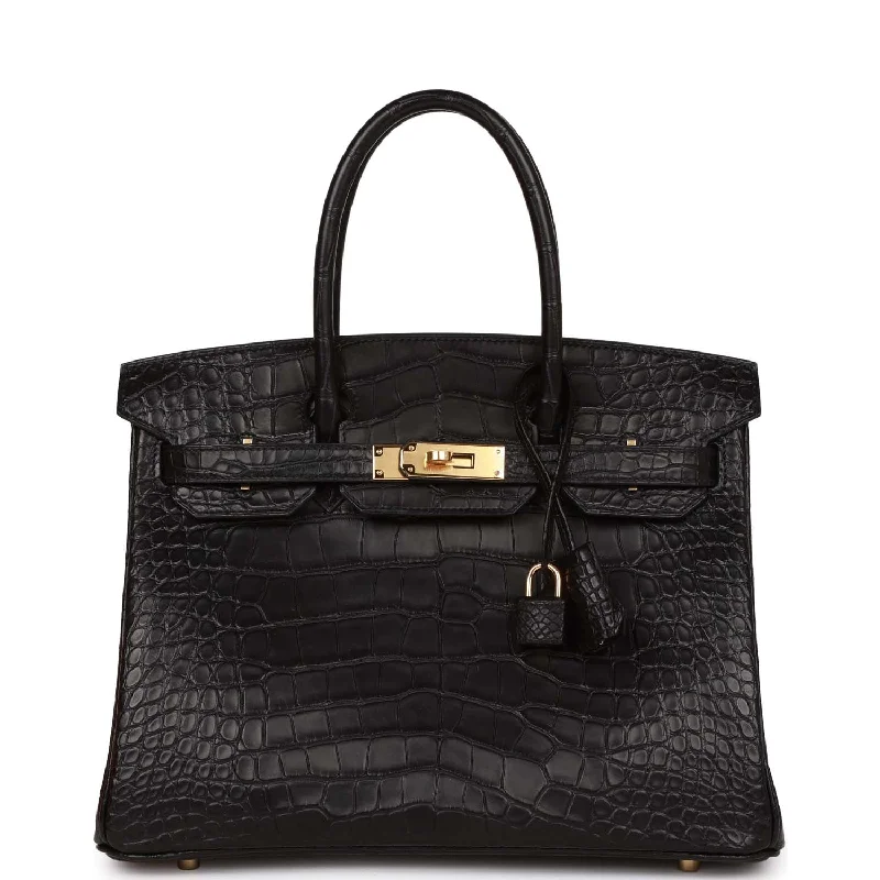 Handle bags with soft velvet for luxury -Hermes Birkin 30 Black Matte Alligator Gold Hardware