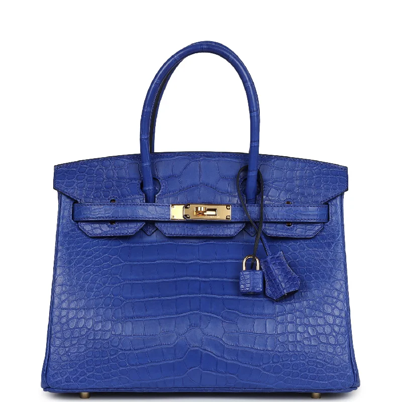 Handle bags with sturdy canvas for longevity -Hermes Birkin 30 Bleu Electric Matte Alligator Gold Hardware