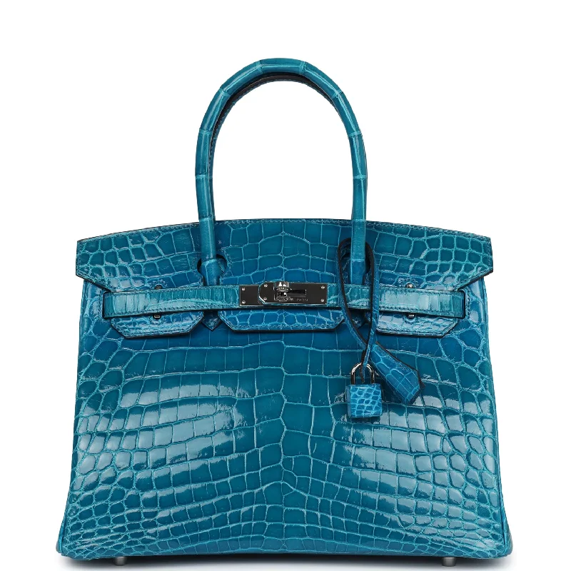 Handle bags with suede accents for texture -Pre-owned Hermes Birkin 30 Bleu Izmir Shiny Niloticus Crocodile Palladium Hardware