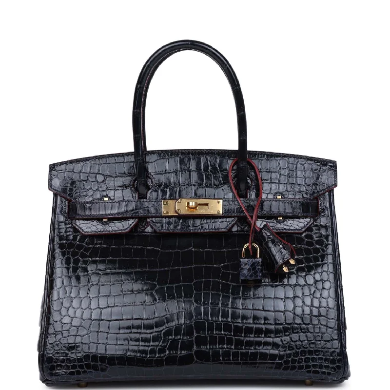 Handle bags with expandable sides for flexibility -Hermes Birkin 30 Bleu Marine and Rouge H Contour Shiny Porosus Crocodile Gold Hardware