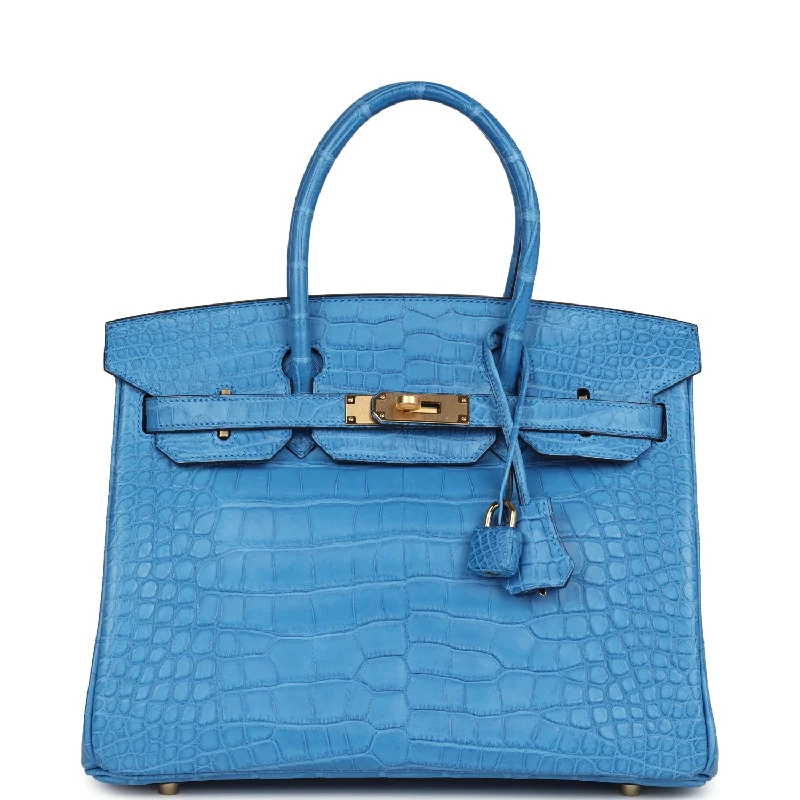 Handle bags with reinforced stitching for durability -Hermes Birkin 30 Bleu Mykonos Matte Alligator Gold Hardware