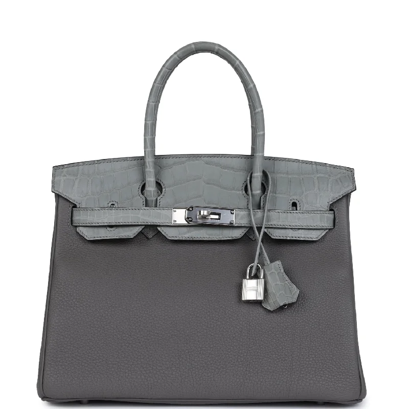 Durable handle bags for heavy-duty everyday use -Hermes Birkin 30 Gris Ciment Matte Niloticus Crocodile and Gris Meyer Togo Touch Palladium Hardware