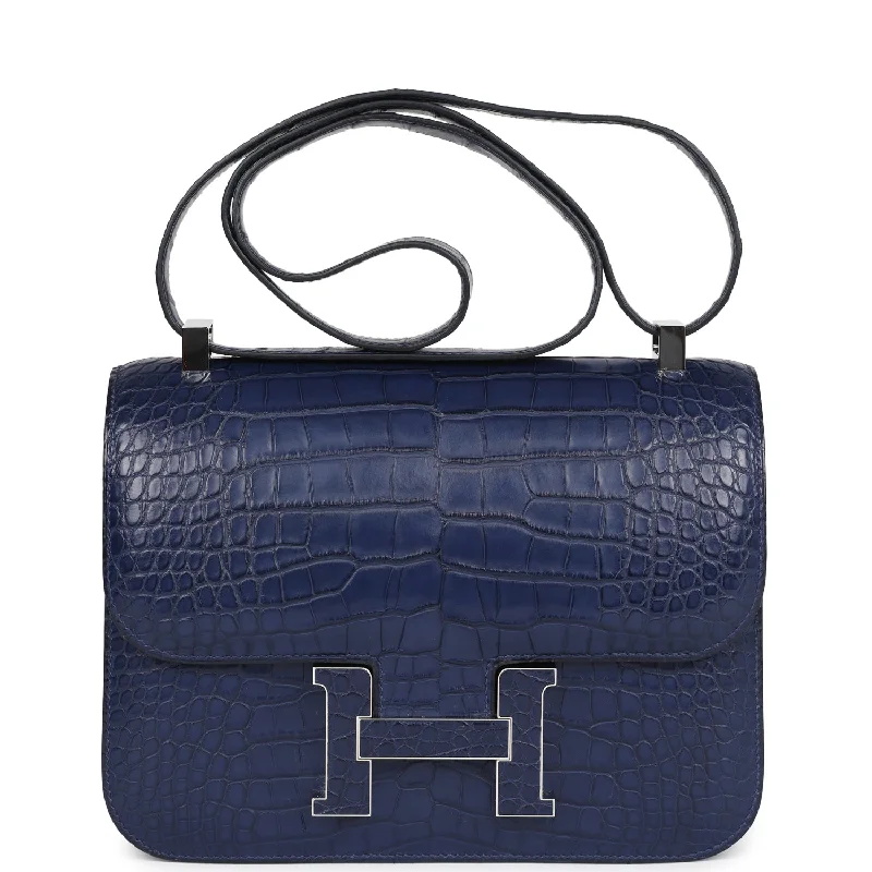 Handle bags with spacious interiors for storage -Hermes Constance 1-24 Bleu Saphir Matte Alligator Marquette Palladium Hardware