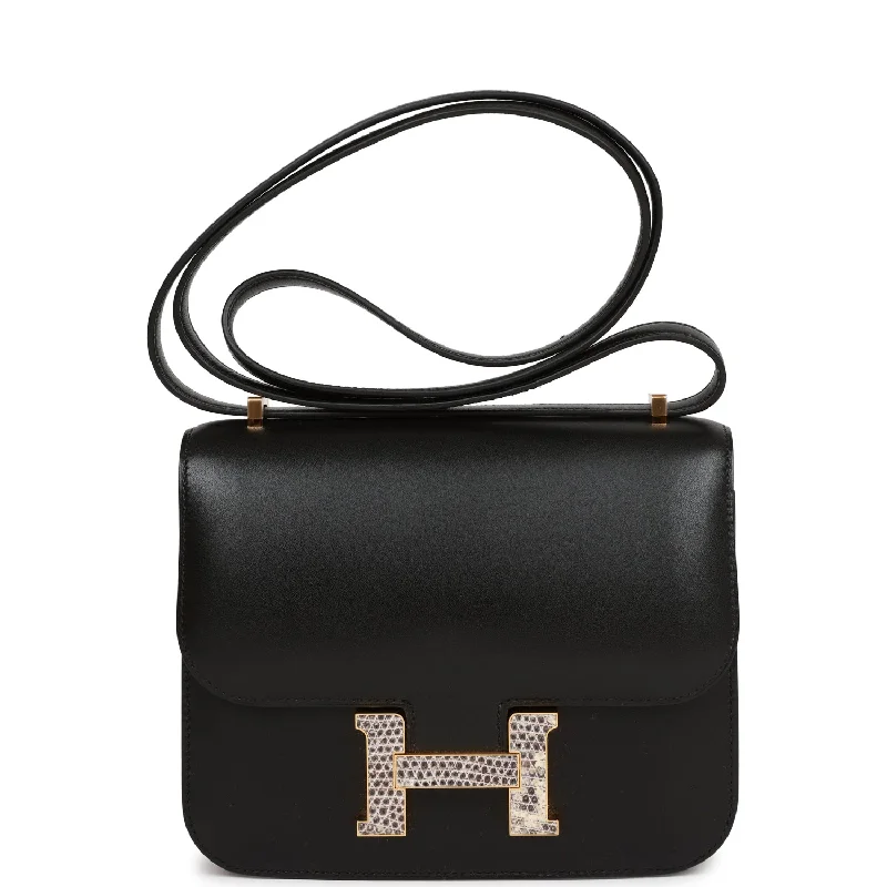 Handle bags with side pockets for organization -Hermes Constance 18 Black Tadelakt and Ombre Lizard Gold Hardware