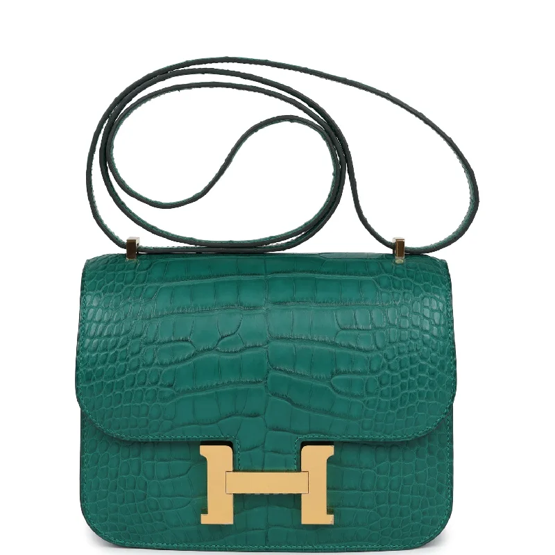 Handle bags with vegan suede for softness -Hermes Constance 18 Malachite Matte Alligator Gold Hardware