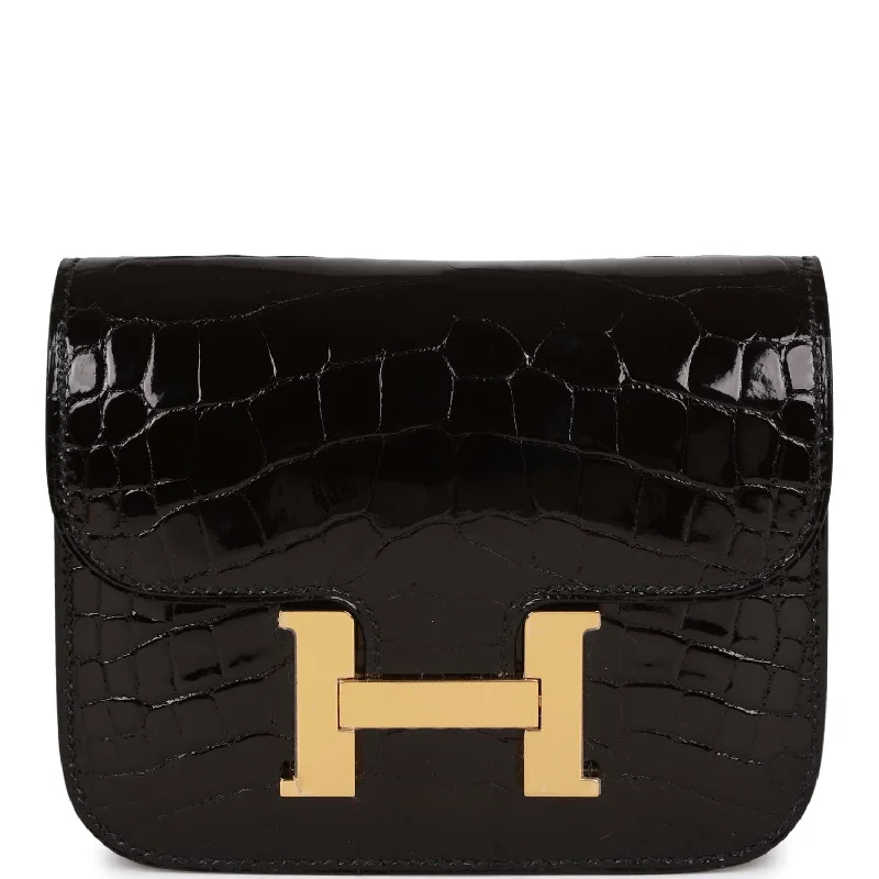 Handle bags with animal prints for flair -Hermes Constance Slim Wallet Shiny Black Alligator Gold Hardware