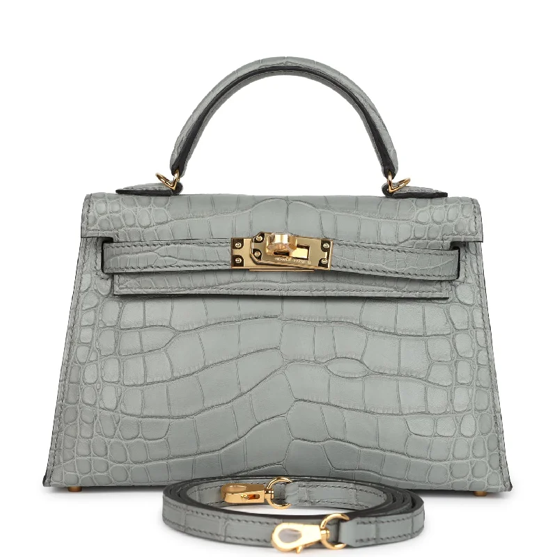 Reversible handle bags offering dual design styles -Hermes Kelly Sellier 20 Gris Ciment Matte Alligator Gold Hardware