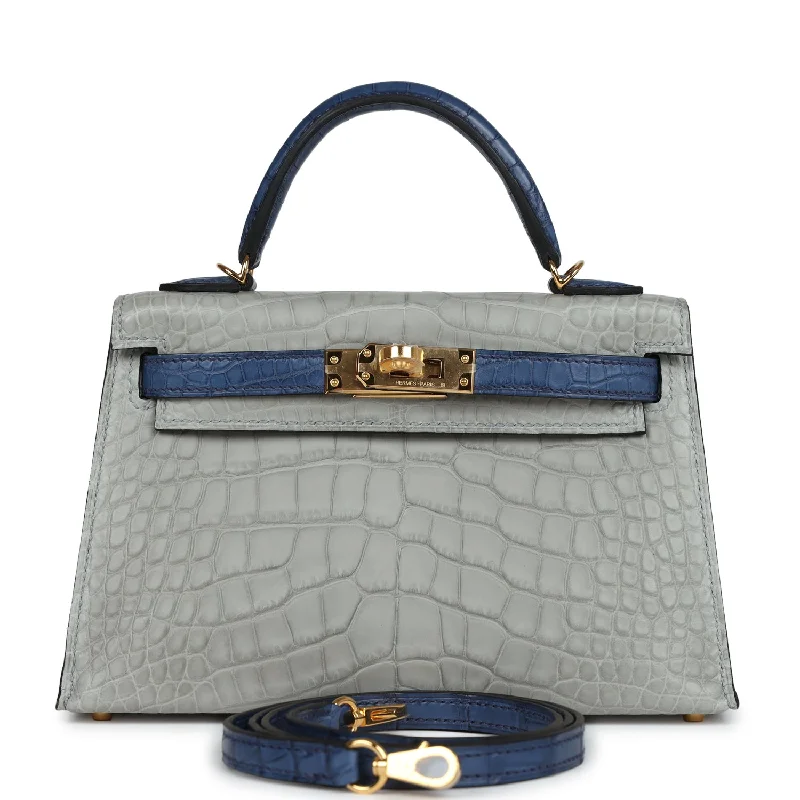 Handle bags with modern logos for branding -Hermes Special Order (HSS) Kelly Sellier 20 Gris Perle and Bleu de Malte Matte Alligator Gold Hardware