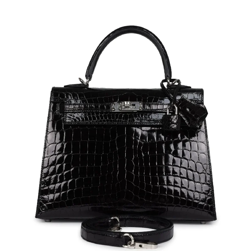 Handle bags with lightweight nylon for ease -Hermes Kelly Sellier 25 Black Shiny Niloticus Crocodile Palladium Hardware