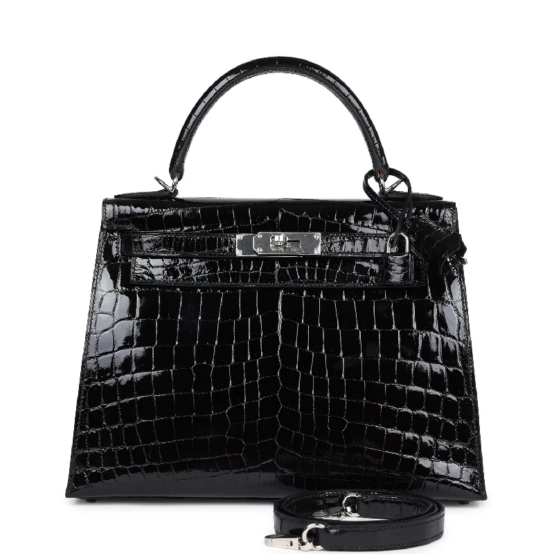 Handle bags with sturdy bases for stability -Hermes Kelly Sellier 28 Black Shiny Niloticus Crocodile Palladium Hardware