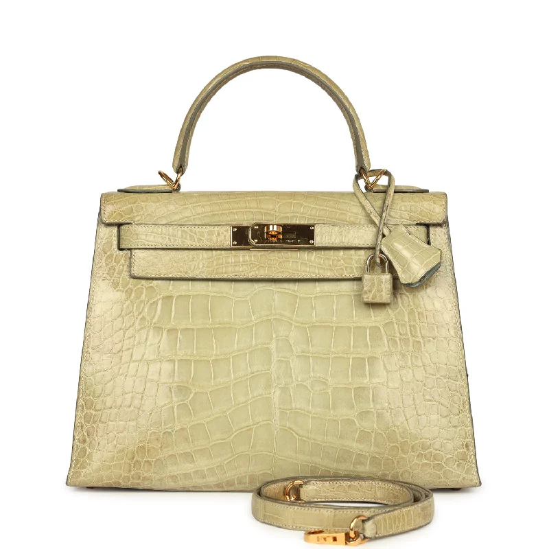 Handle bags with durable hemp for sustainability -Vintage Hermes Kelly 28 Vert Celadon Natura Shiny Alligator Gold Hardware