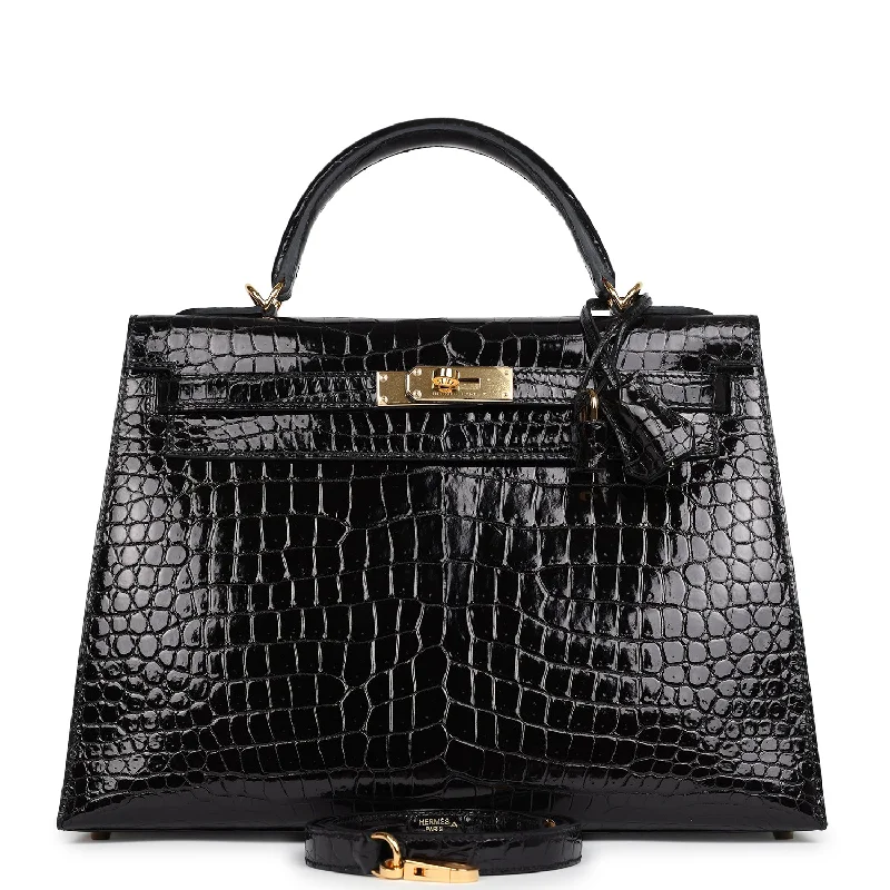 Handle bags with abstract art for uniqueness -Hermes Kelly Sellier 32 Black Shiny Porosus Crocodile Gold Hardware