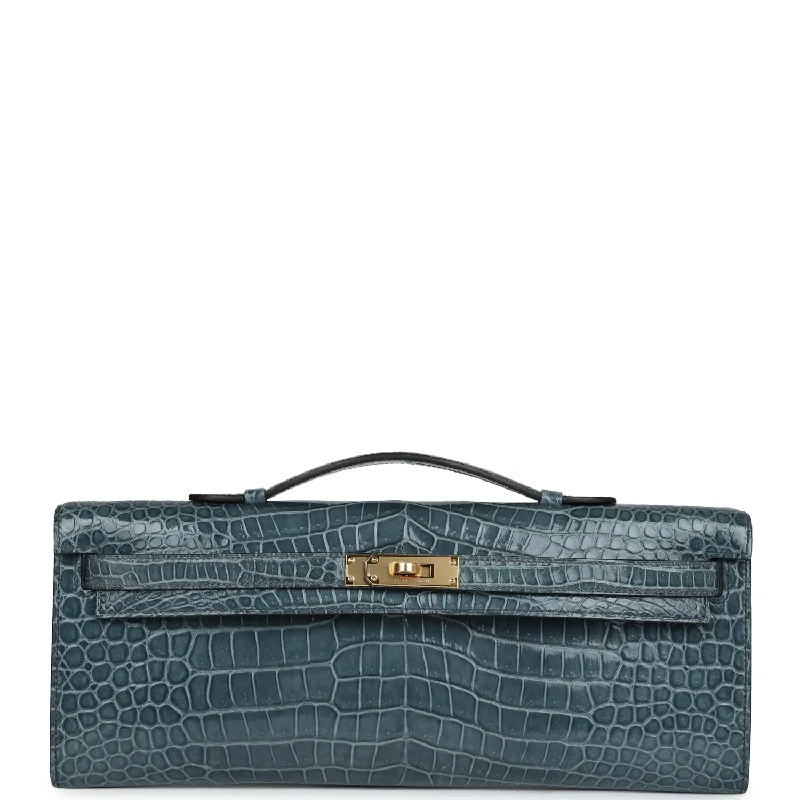 Handle bags with monogram designs for personalization -Hermes Kelly Cut Bleu Jean Shiny Porosus Crocodile Gold Hardware