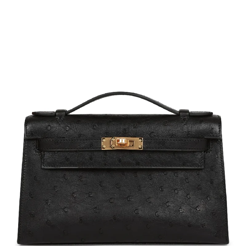 Handle bags with polka dots for fun -Hermes Kelly Pochette Black Ostrich Gold Hardware