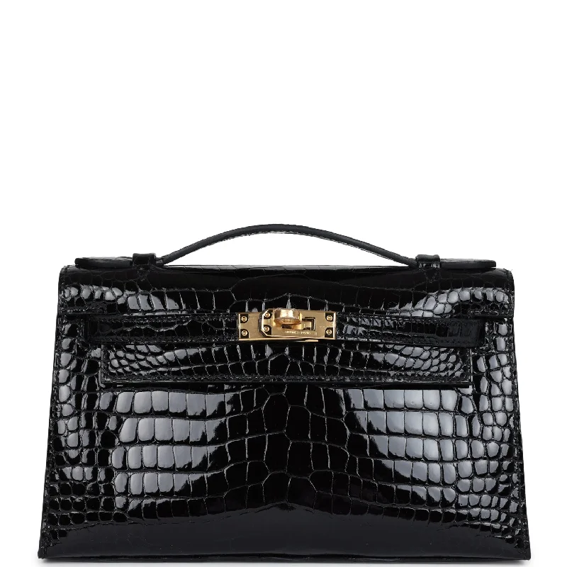 Handle bags with quilted leather for luxury -Hermes Kelly Pochette Black Shiny Porosus Crocodile Gold Hardware