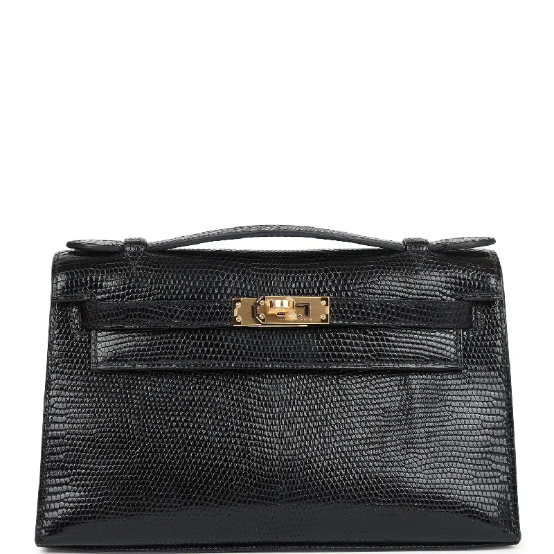 Handle bags with bold logos for branding -Hermes Kelly Pochette Black Varanus Niloticus Lizard Gold Hardware