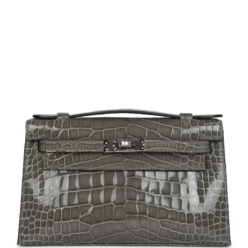 Handle bags with padded straps for comfort -Hermes Kelly Pochette Gris Ciment Shiny Alligator Palladium Hardware