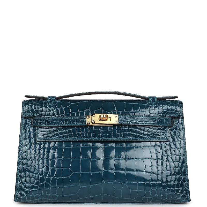 Handle bags with compact designs for portability -Hermes Kelly Pochette Vert Bosphore Shiny Alligator Gold Hardware