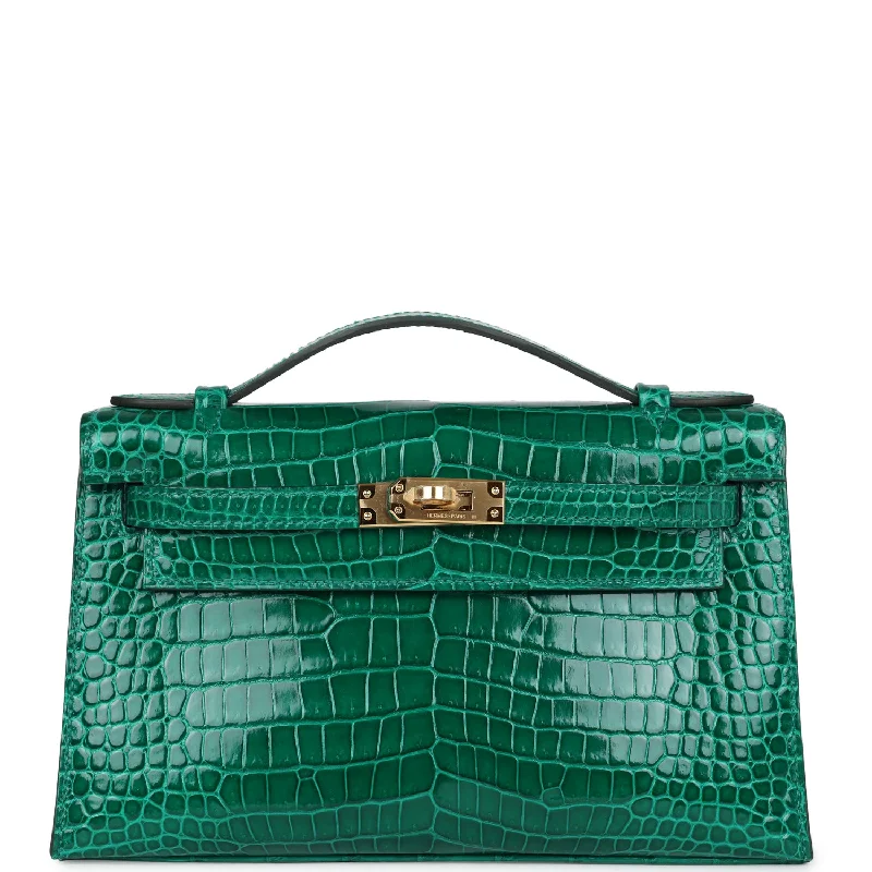 Handle bags with polka dots for fun -Hermes Kelly Pochette Emerald Shiny Porosus Crocodile Gold Hardware