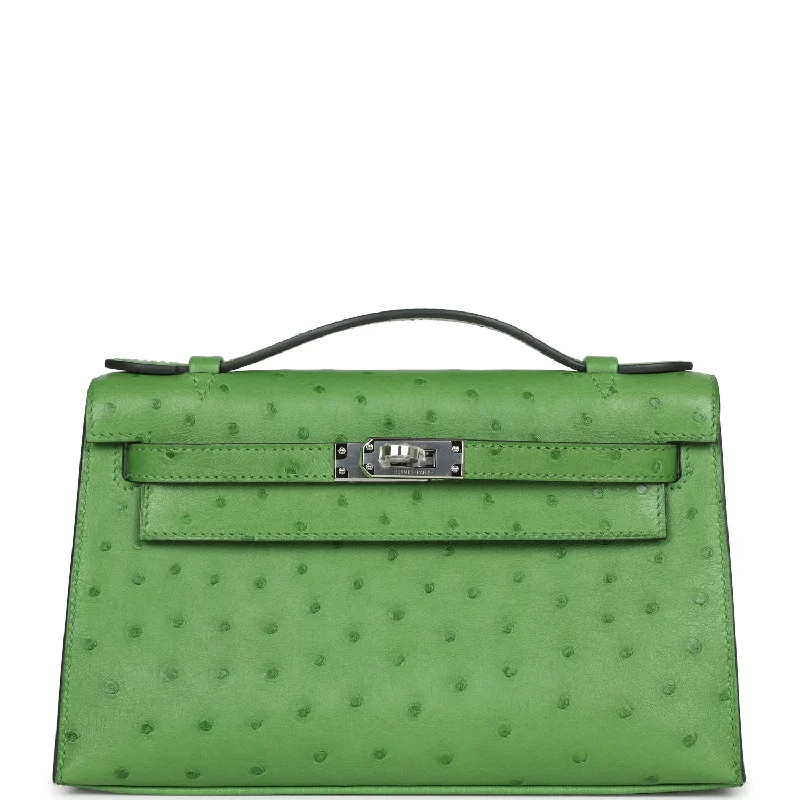 Waterproof handle bags ideal for rainy weather -Hermes Kelly Pochette Vert Yucca Ostrich Palladium Hardware