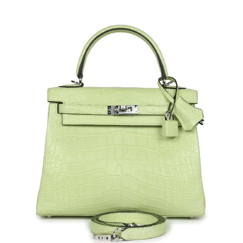 Handle bags with soft velvet for luxury -Hermes Kelly Retourne 25 Jaune Bourgeon Matte Alligator Palladium Hardware