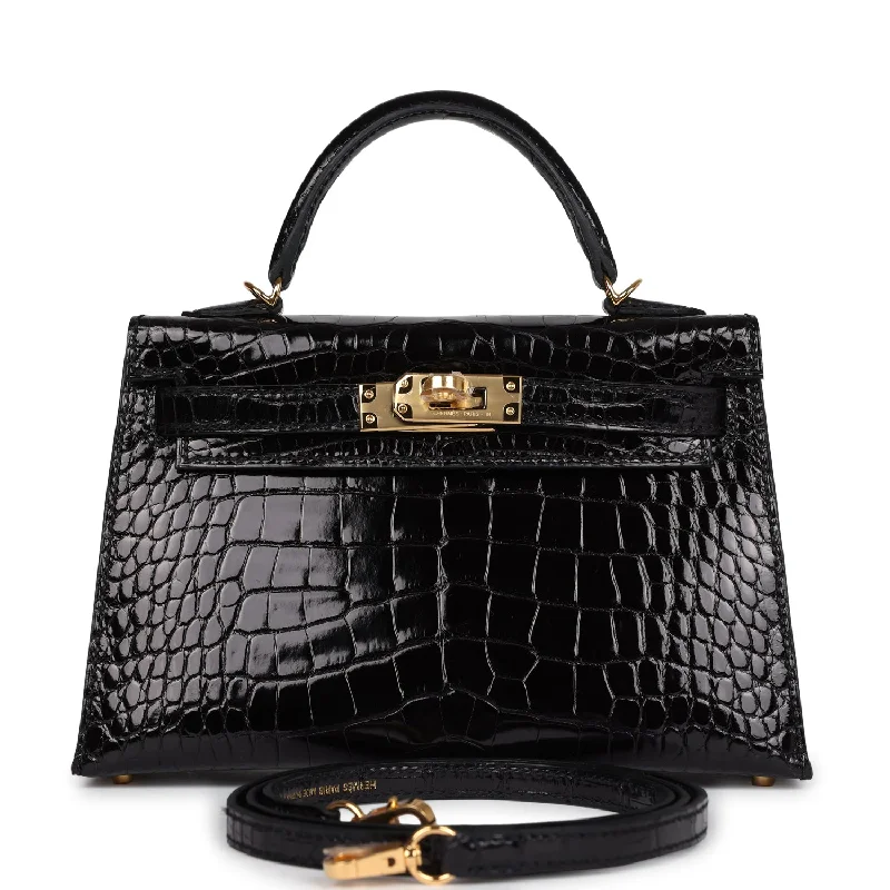 Handle bags with wide openings for access -Hermes Kelly Sellier 20 Black Shiny Alligator Gold Hardware