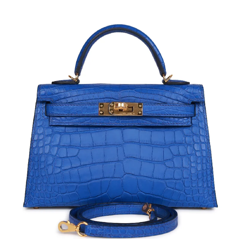 Handle bags with bold logos for branding -Hermes Kelly Sellier 20 Bleu Royal Matte Alligator Gold Hardware