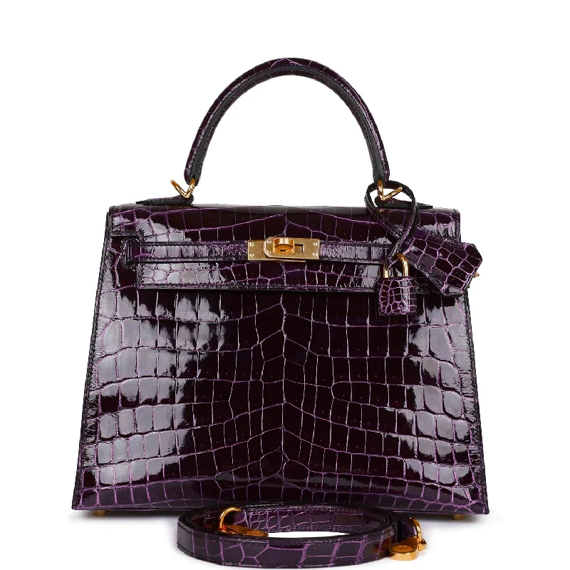 Cotton handle bags for lightweight casual wear -Hermes Kelly Sellier 25 Aubergine Shiny Niloticus Crocodile Gold Hardware