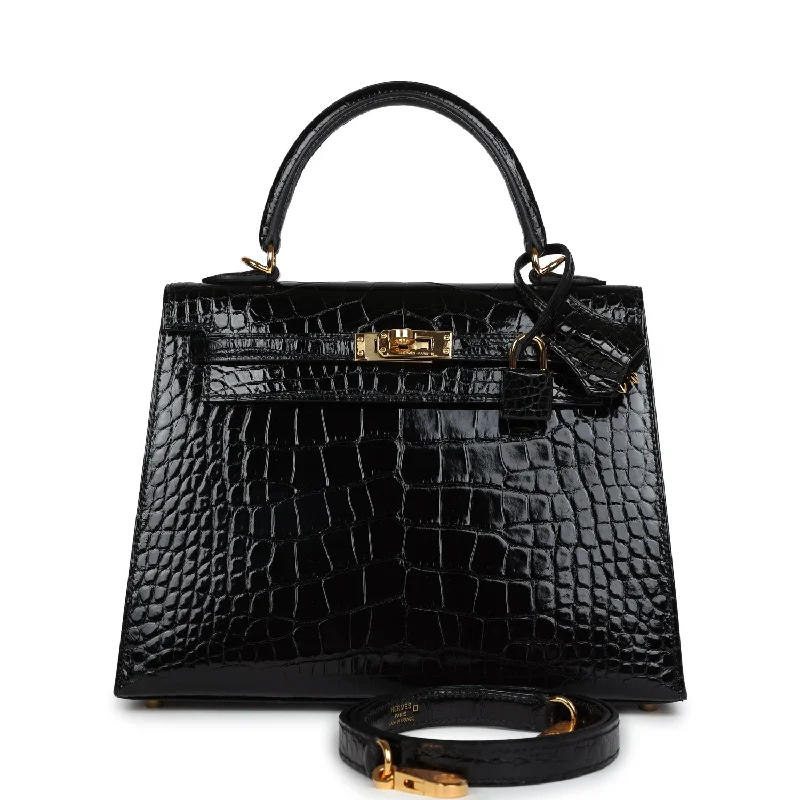 Handle bags with eco-friendly bamboo handles -Hermes Kelly Sellier 25 Black Shiny Alligator Gold Hardware