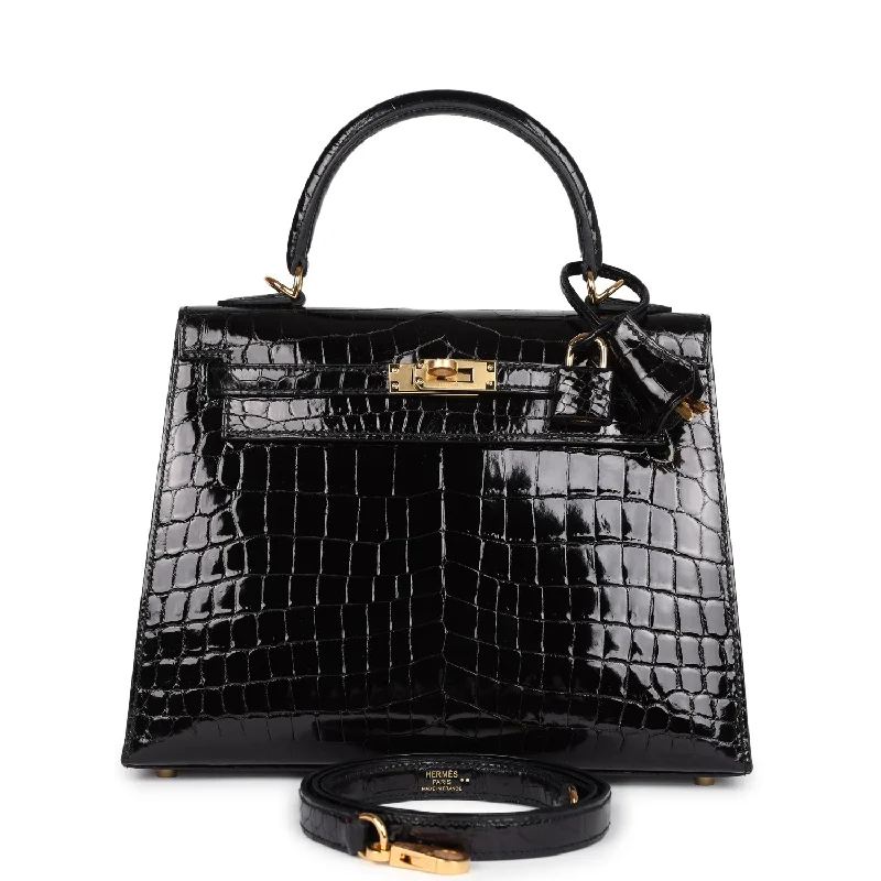 Handle bags with chevron designs for trend -Hermes Kelly Sellier 25 Black Shiny Niloticus Crocodile Gold Hardware