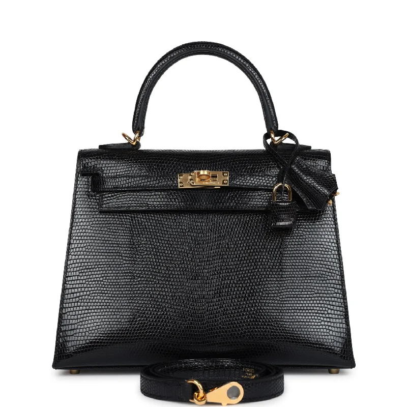 Handle bags with retro logos for charm -Hermes Kelly Sellier 25 Black Varanus Niloticus Lizard Gold Hardware