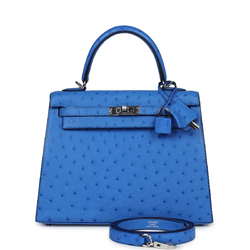 Handle bags with quilted leather for luxury -Hermes Kelly Sellier 25 Bleuet Ostrich Palladium Hardware