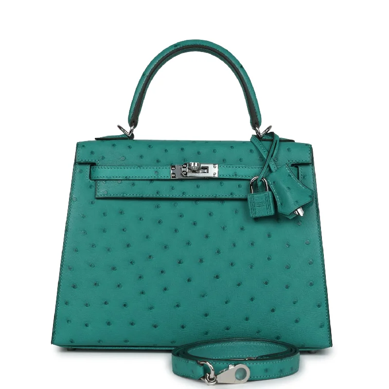 Handle bags with animal prints for flair -Hermes Kelly Sellier 25 Vert Verone Ostrich Palladium Hardware