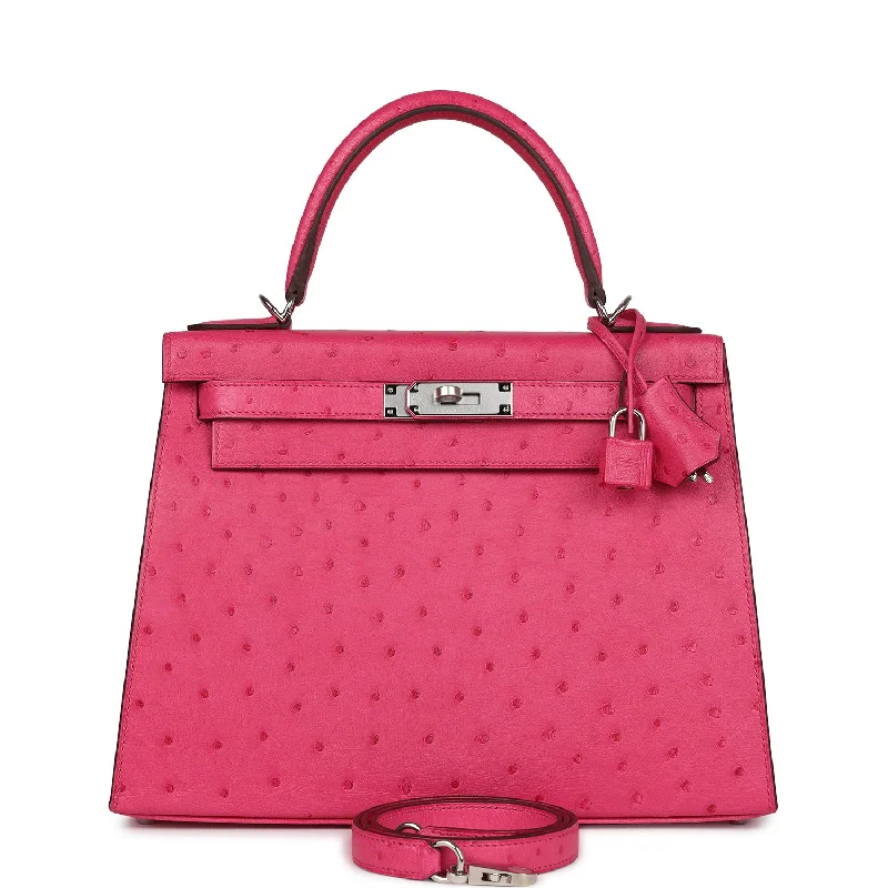 Large handle bags with spacious interior compartments -Hermes Kelly Sellier 28 Rose Tyrien Ostrich Palladium Hardware