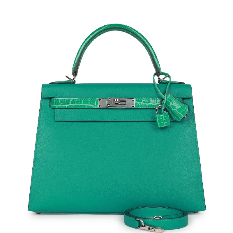 Handle bags with waterproof lining for protection -Hermes Kelly Sellier 28 Vert Verone Madame and Shiny Niloticus Crocodile Touch Palladium Hardware