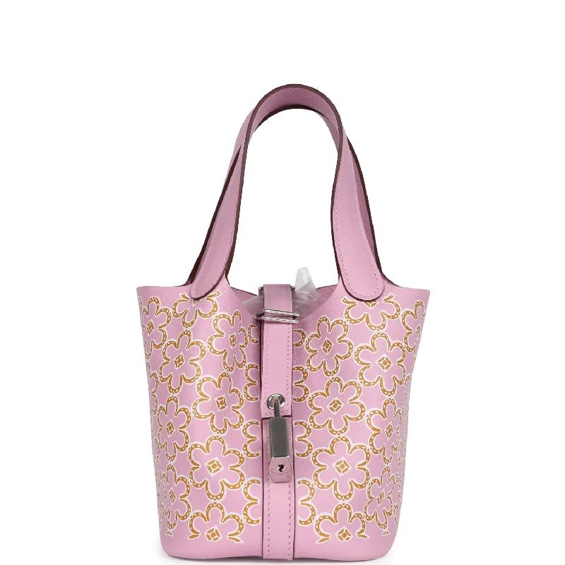 Handle bags with sleek leather for work -Hermes Micro Picotin Lock 14 "Lucky Daisy" Mauve Sylvestre Swift Palladium Hardware