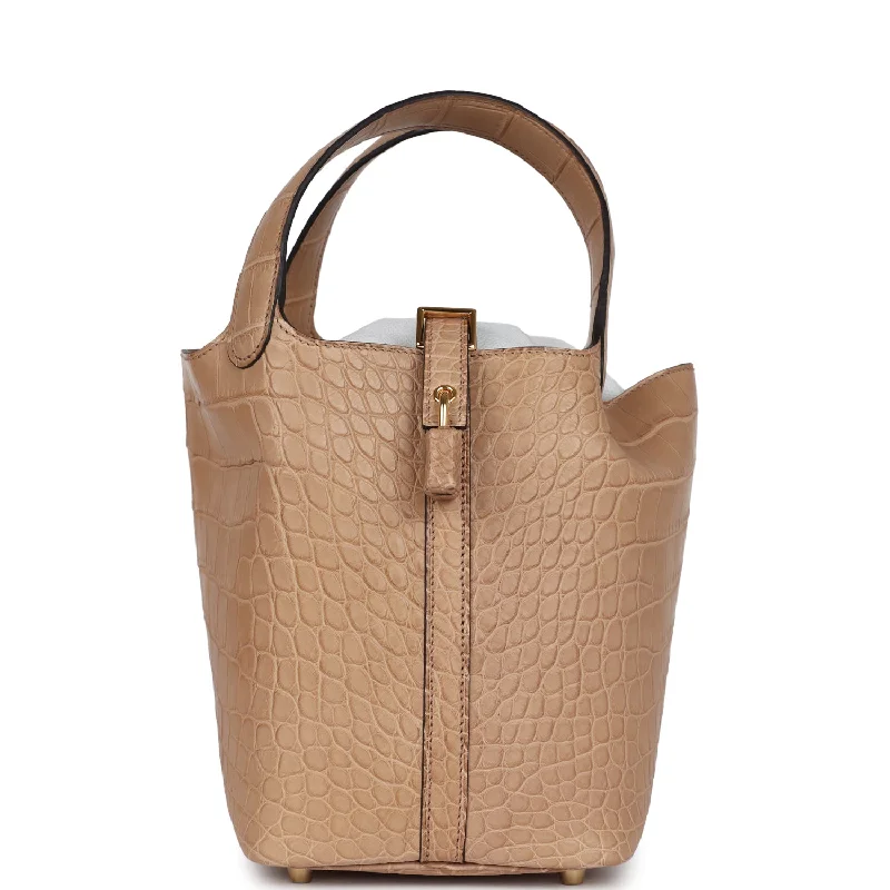 Handle bags with eco-friendly bamboo handles -Hermes Picotin Lock 18 Chai Matte Alligator Gold Hardware