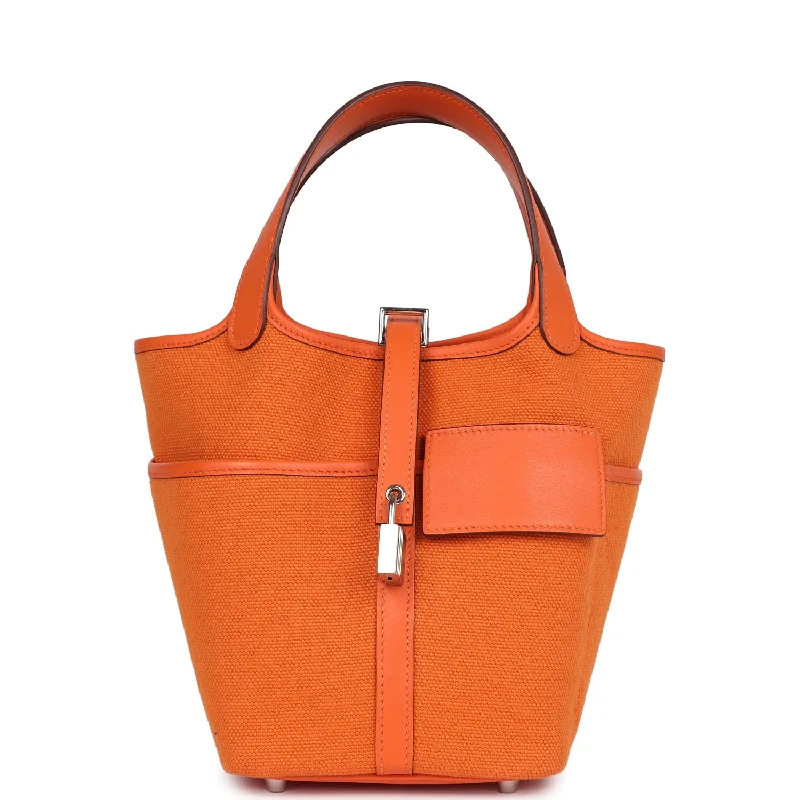 Handle bags with contrast stitching for detail -Hermes Picotin Cargo 18 Orange Swift and Toile Canvas Palladium Hardware