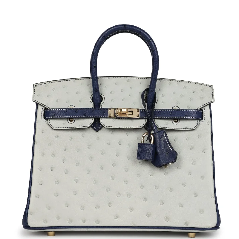 Handle bags with bold checks for trend -Hermes Special Order (HSS) Birkin 25 Gris Perle and Bleu Iris Ostrich Permabrass Hardware