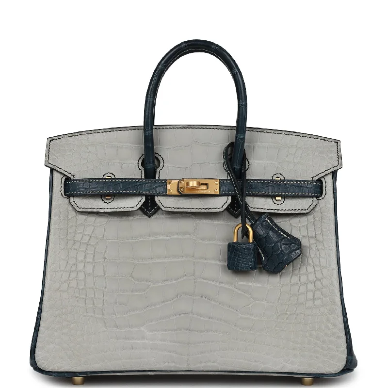 Handle bags with perforated details for style -Hermes Special Order (HSS) Birkin 25 Gris Perle and Vert Rousseau Matte Alligator Brushed Gold Hardware