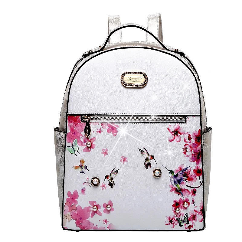 Handle bags with bold stripes for trendiness -Hummingbird Bloom Crystal Laced Scratch & Stain Resistant Backpack