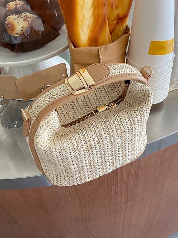 Handle bags with subtle embroidery for detail -Lightweight, Casual Two Tone Push Lock Straw Bag