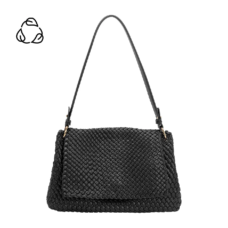 Handle bags with bold stripes for trendiness -Natalia Black Woven Recycled Vegan Shoulder Bag