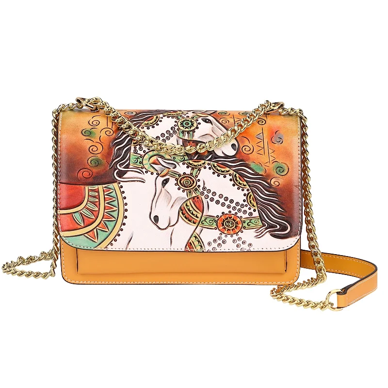 Cotton handle bags for lightweight casual wear -PIJUSHI Leather Crossbody Women Hand Painted Purses