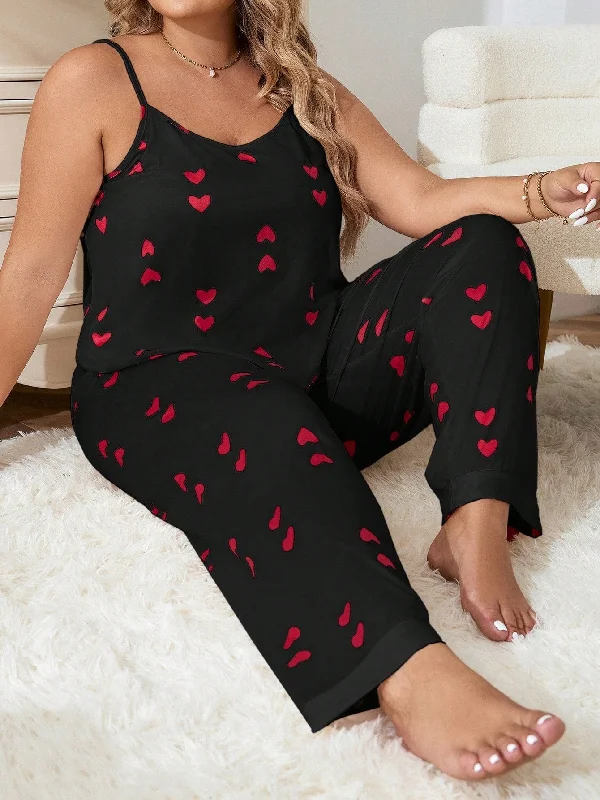 Handle bags with spacious pockets for travel -Plus Heart Print Cami Top & Pants PJ Set