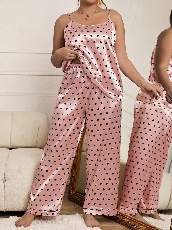 Handle bags with expandable sides for flexibility -Plus Heart Print Satin PJ Set