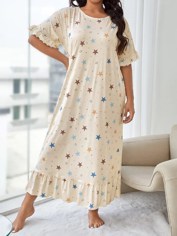 Handle bags with polka dots for fun -Plus Star Print Ruffle Hem Nightdress