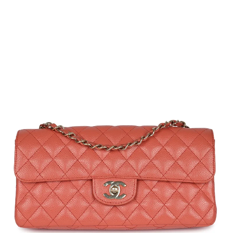 Handle bags with denim fabric for casual -Pre-owned Chanel Classic East West Single Flap Coral Caviar Light Gold Hardware